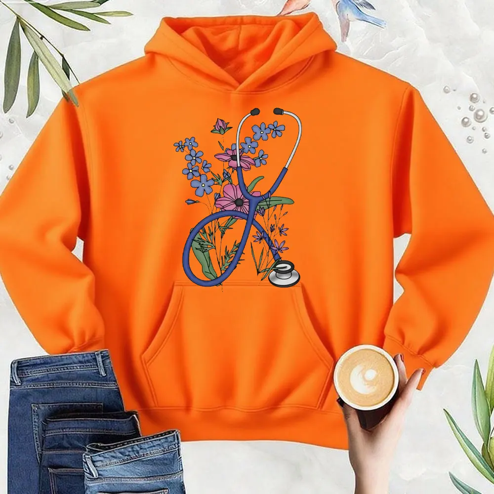 Floral Stethoscope Sweatshirt Nurse Doctor Gift Autumn and Winter Keep Warm Tracksuit Women Unisex Hoodie New Casual Simple