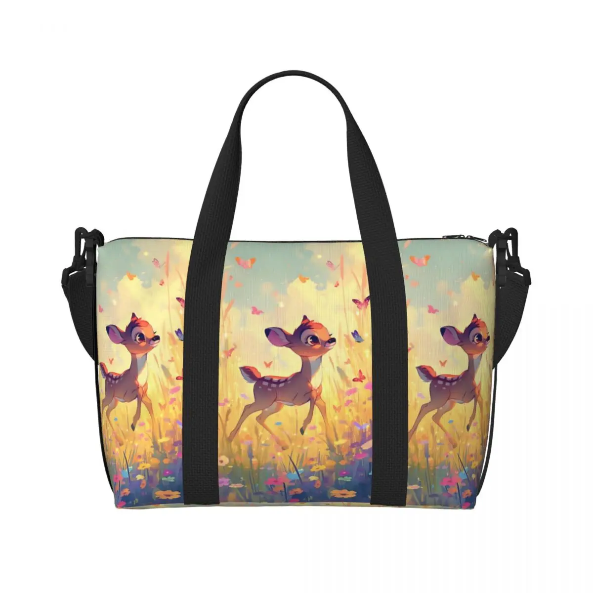

Custom Cute Deer Bambi Beach Tote Bag for Women Classical Printing Animal Large Compartment Beach Gym Travel Bags