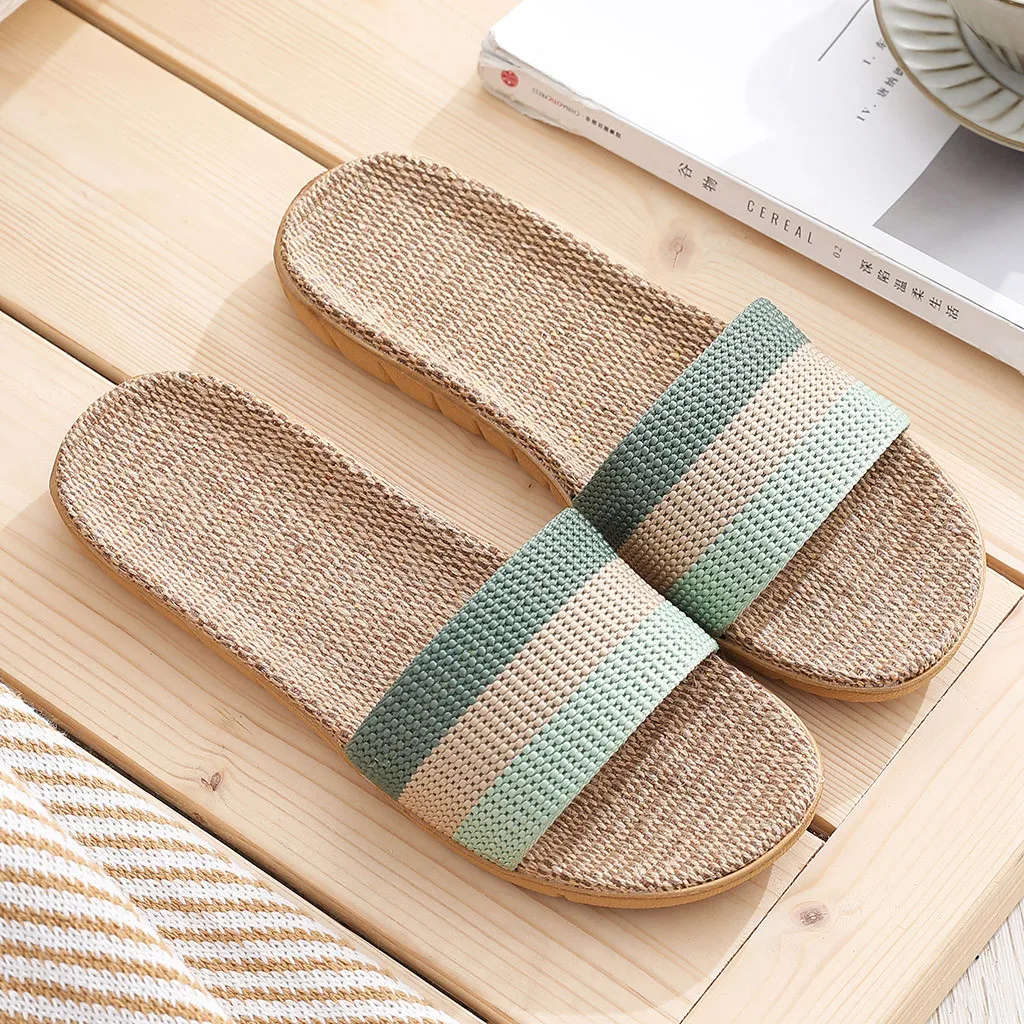 Women Homewear Striped Slippers Linen Sole Flats Couple Slippers Summer Neutral Comfy Lightweight Fashion Casual Beach Shoes