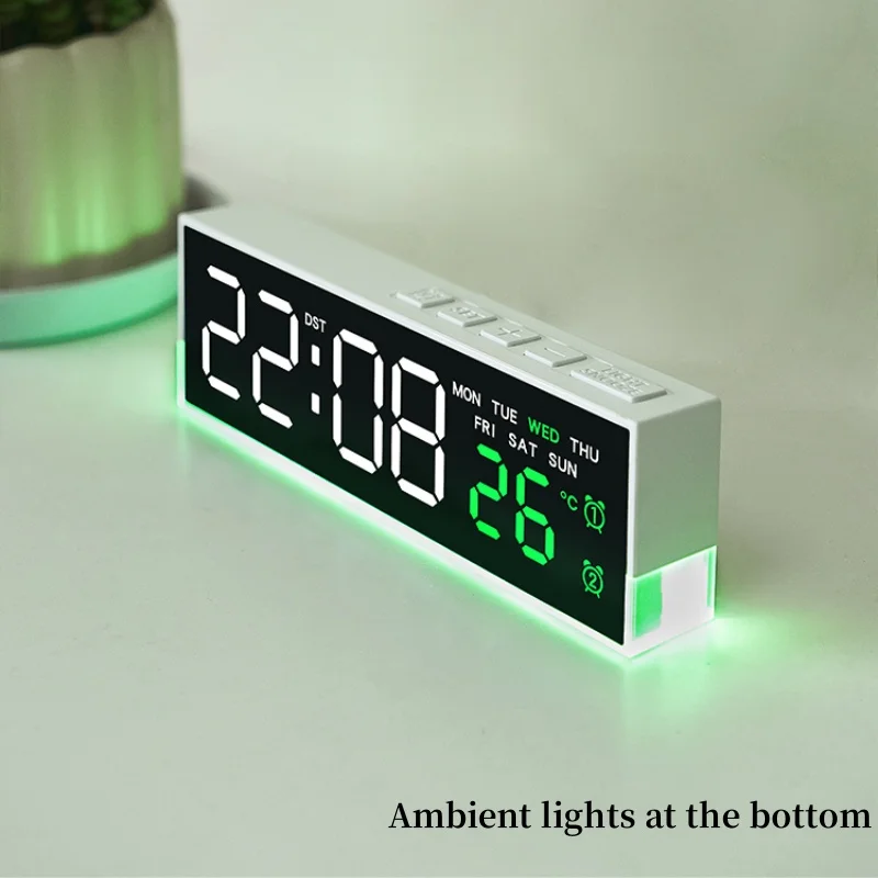 USB-betriebener digitaler Wecker mit Stimmungslicht, TEMP, Datum, Woche, 2 Alarme, automatisch dimmbar, Schlummer-Tischuhr, 12/24 Stunden, DST-LED-Uhr – Detail 9