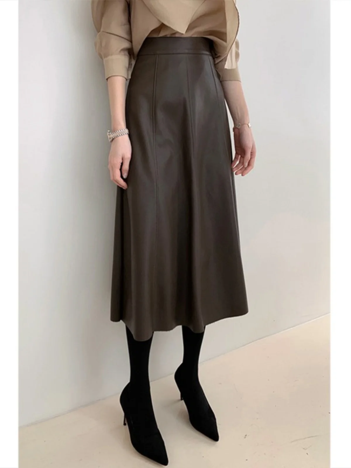 

Elegant High Waist PU Leather Skirt Midi A-Line Silhouette Women's Autumn Winter Fashion Slimming Umbrella Skirt