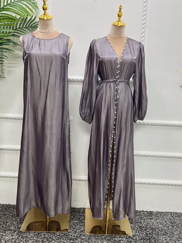 Eid Ramadan Beading 2 Piece Set Muslim Women Abaya & Inner Dress Sliky Caftan Morocco Caftan Dress Matching Sets Gowns Satin