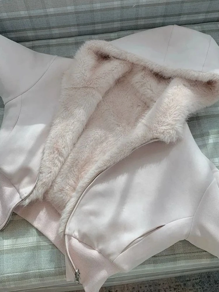 Aesthetic Vintage Hooded Jacket Women Elegan Patchwork Fashion Pink Furry Warm Loose Coats Chic Sweet Casual Sweatshirt 2025 New
