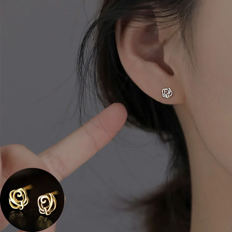 100% 925 Sterling Silver Flower Studs Earrings for Women Girl Simple Rose Plant Hollow Out Jewelry Birthday Gift Dropshipping