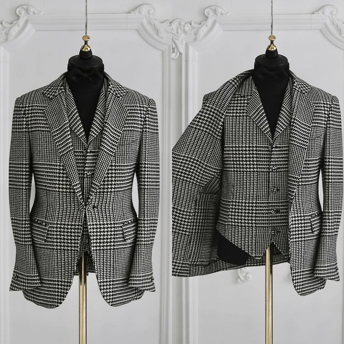 

Black Men's Suits Tailor-Made 2 Pieces Blazer Vest One Button Houndstooth Peaked Lapel Stripes Business Wedding Groom Tailored