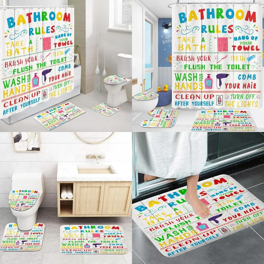 

4-Piece Kids Shower Curtain Set with Fun Bathroom Rugs and Accessories, Colorful Bathroom Rules Lid Cover and Mat, Includes 12 H