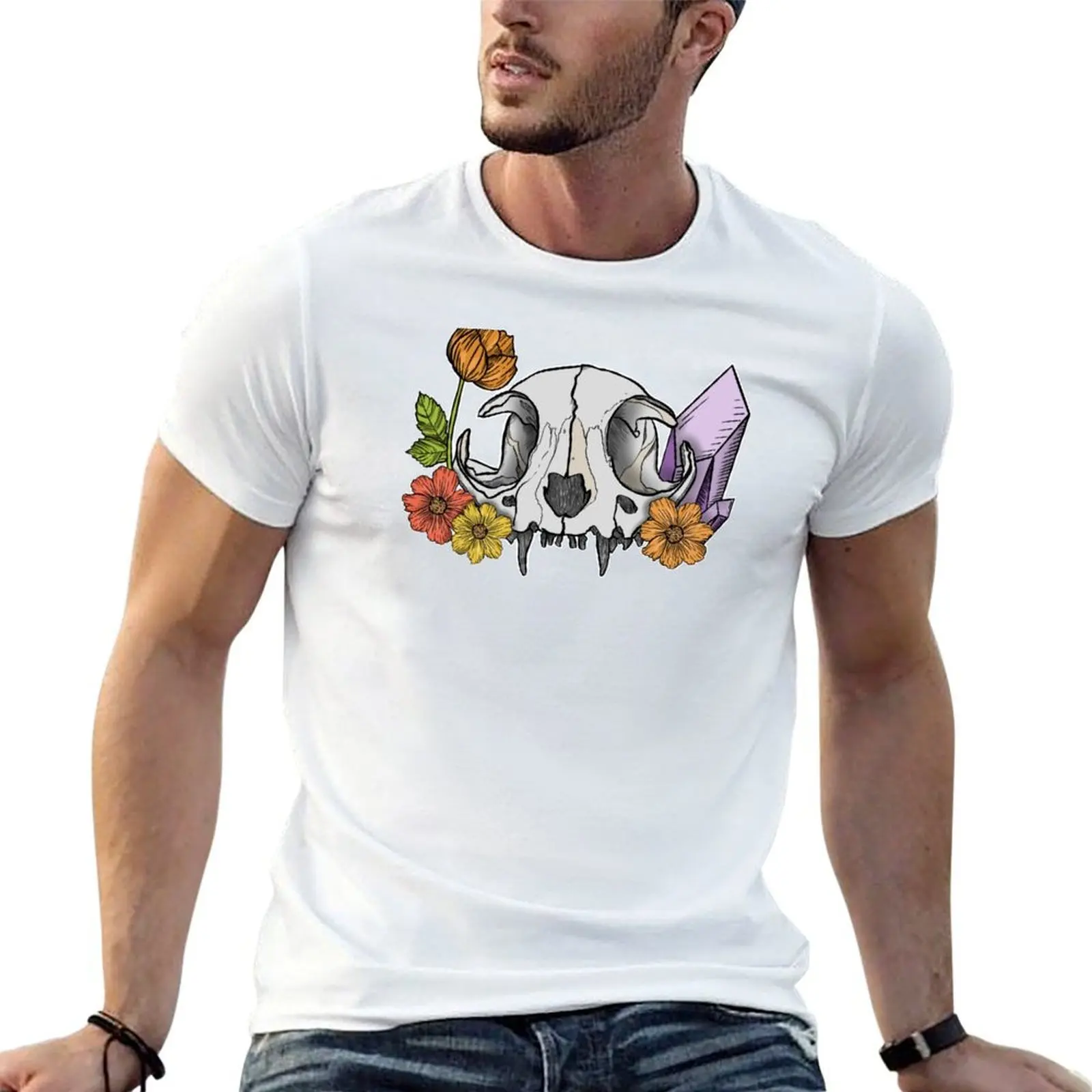 

Floral Cat Skull T-Shirt cotton t shirts man 100% man t shirts for men T-Shirt