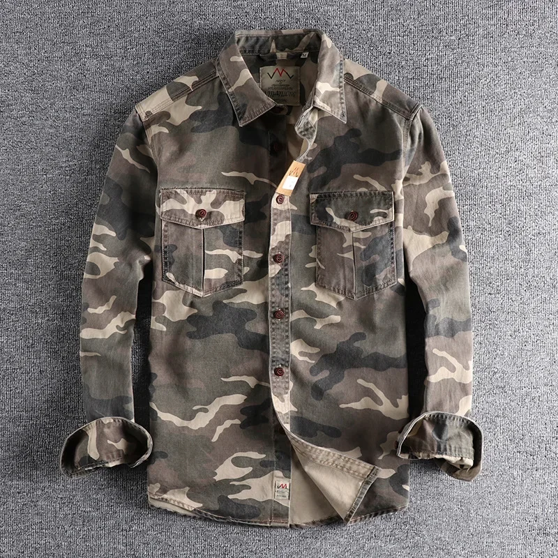 

High Quality Men classic Camouflage Cargo Shirts Durable Outdoor Hiking Sport Lapel Coats Casual Youth tough Pocket Camicia