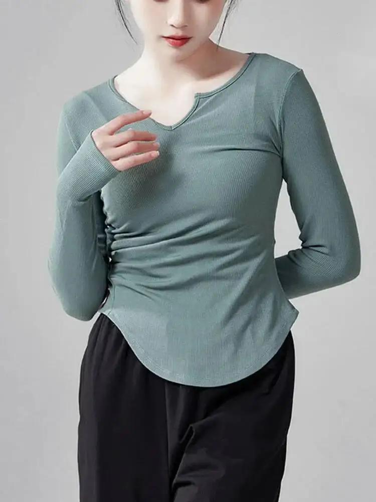 الصلبة اللون الخامس الرقبة طويلة الأكمام سليم صالح الأعلى Ruched غير النظامية هيم أداء الرقص الحديث ارتداء مرحلة الباليه ممارسة قميص