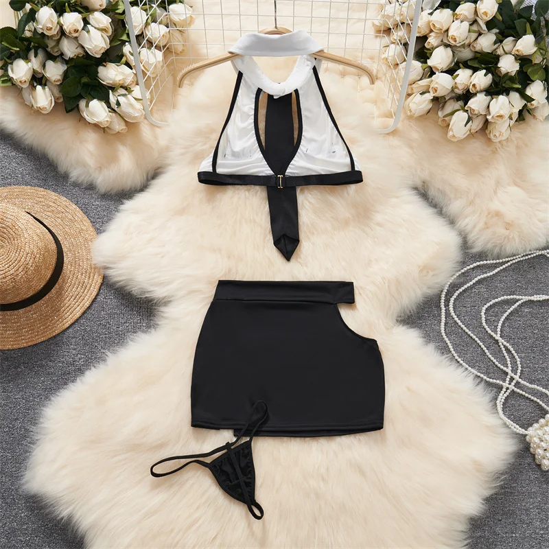 Hollow Sleeveless Halter Neck Women Crop Top With Elastic Split Mini Skirt Set Office Lady Cosplay Uniform Sexy Erotic Lingerie