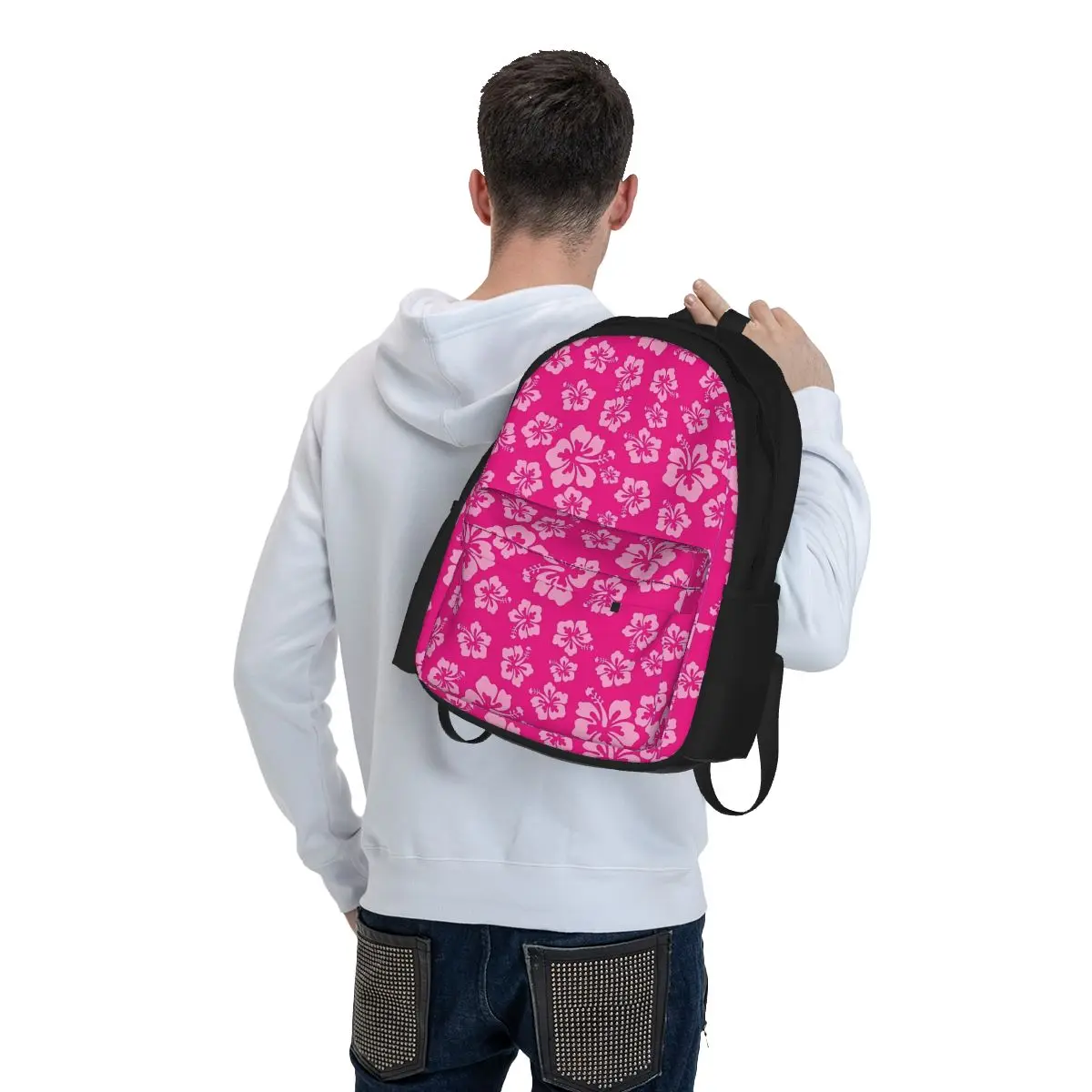 Tropical Hot Pink Hibiscus Flower Floral Pattern Hawaiian Print Backpacks Bookbag School Bags Laptop Rucksack Shoulder Bag