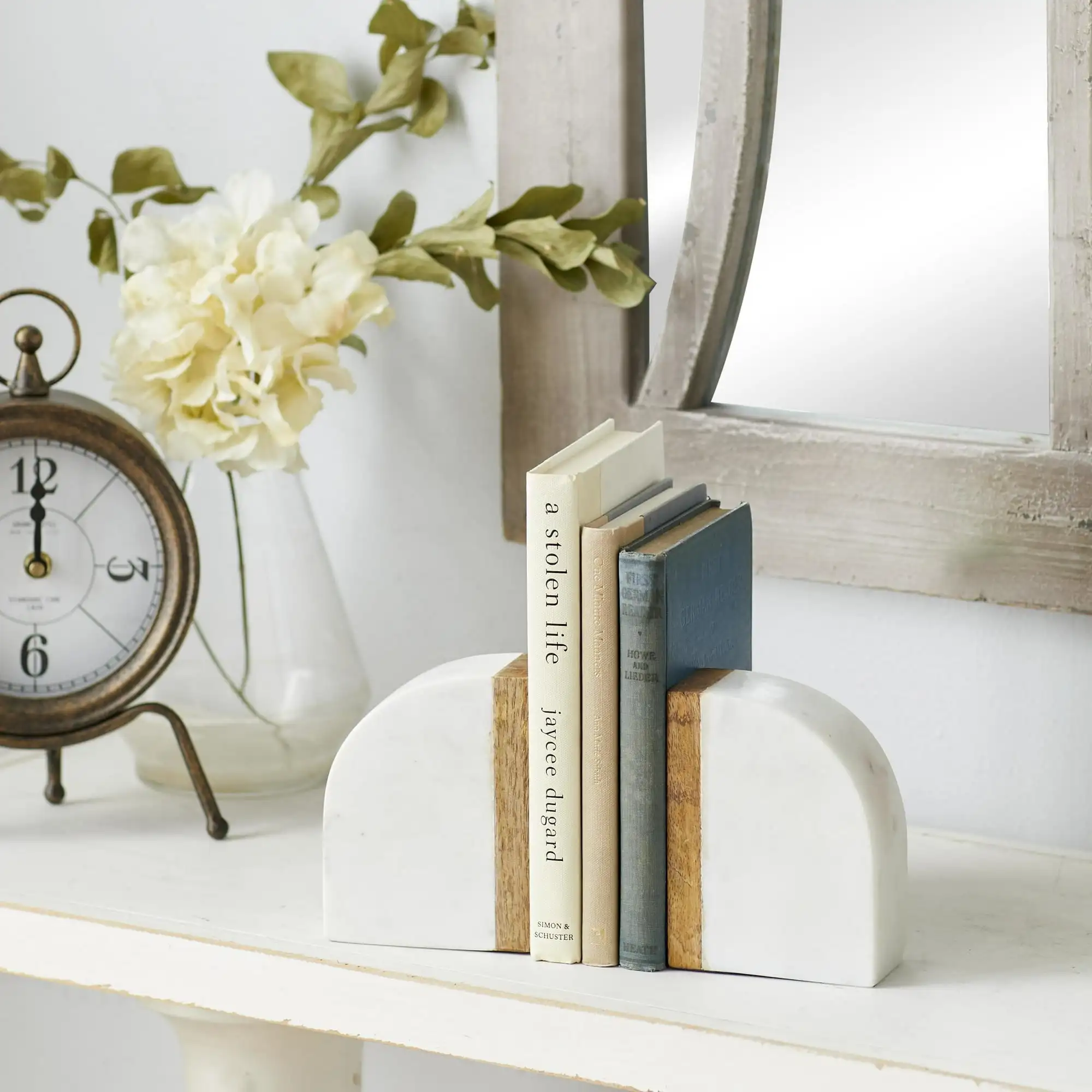 

DecMode 4" 5 lbs White Marble Bookends with Wood Details (Set of 2)