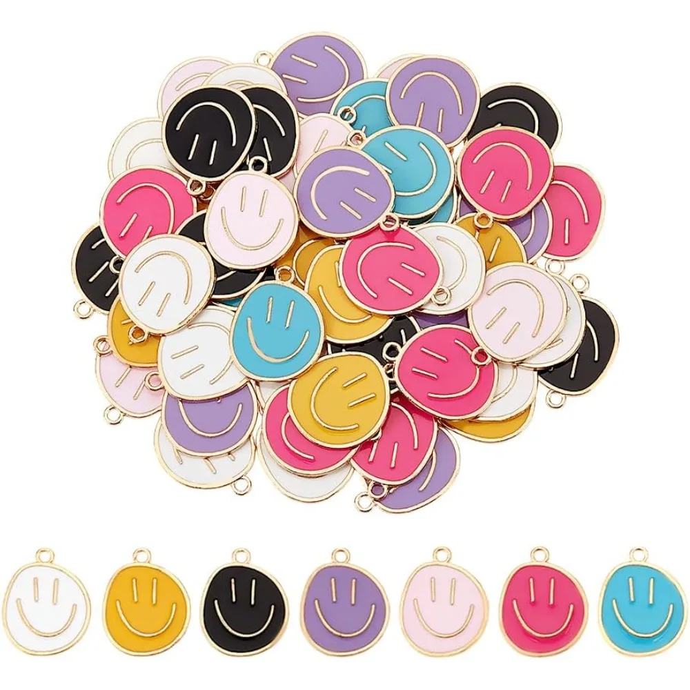 

70 шт., 7 цветов, подвеска счастливым лицом, подвеска с улыбающимся лицом, эмалированные подвески, плоский круглый шарм, металлический шарм для DIY