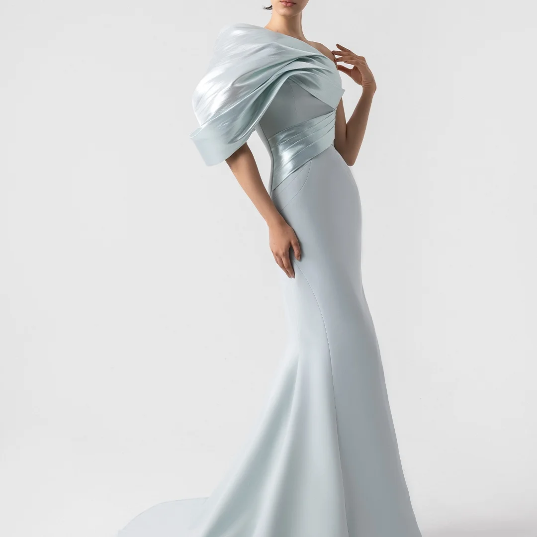 

Customized Luxury Jersey Mermaid One Shoulder Evening Dresses Zipper Back 3/4 Sleeves Panel Train Special Occasion Gowns