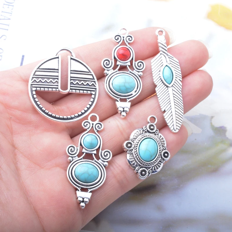 10 Stück Antik-Silberfarbene Feder-Legierung mit Imitations-Türkisstein Acryl-Ohrringe Charms Schmuck Ohrringe Anhänger – Detail 4