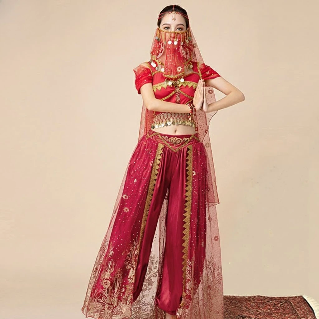 طقم زي الأميرة العربية للسيدات من الياسمين التنكري للرقص الشرقي سروال حريم مع حجاب للوجه لجميع القديسين #4