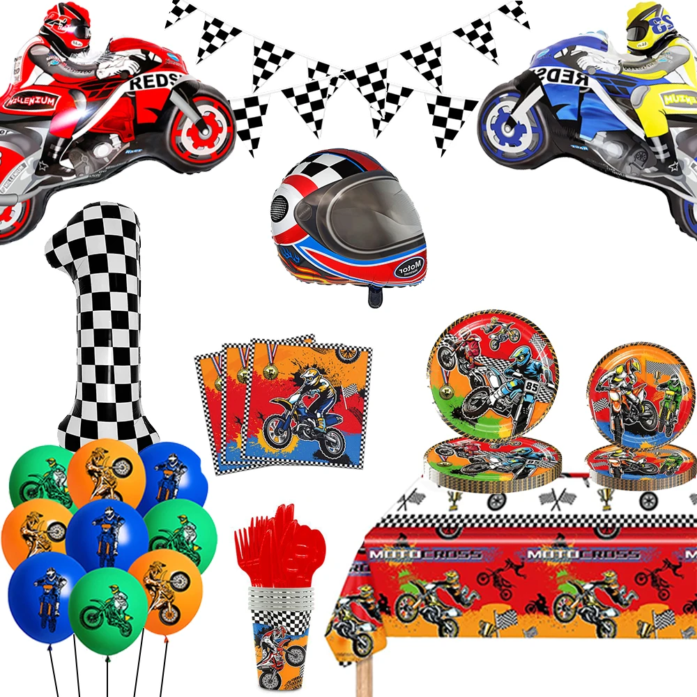 Motorcycle Dirt Bike Party Tableware Plates Cups Balloons Banner Pennant for Boys Kids Motor Birthday Party Decoration Supplies