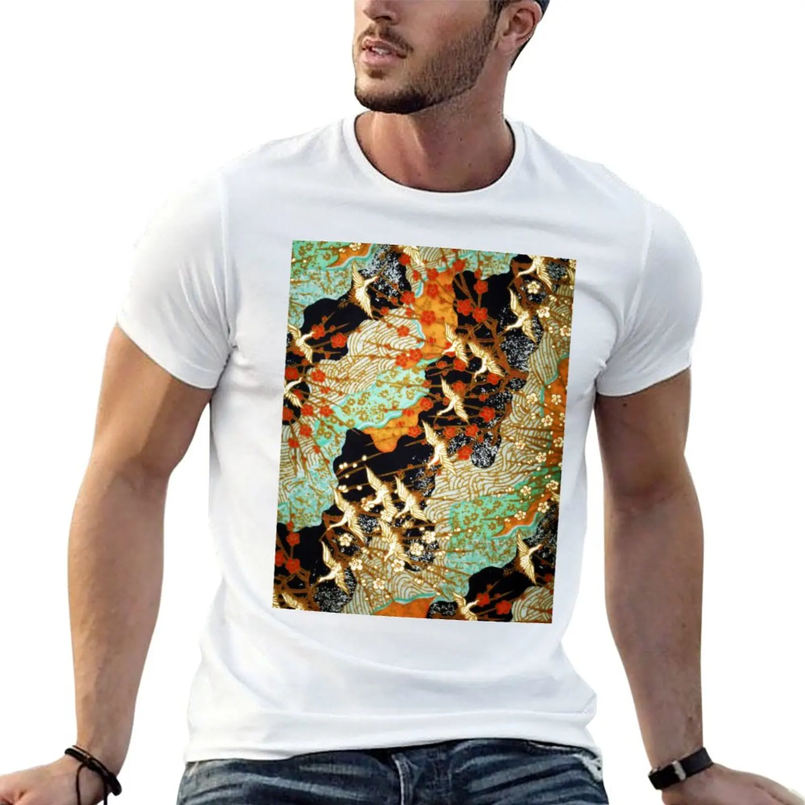 FLYING CRANES AND SPRING FLOWERS Antique Japanese Floral T-Shirt Quick Dry Travel T-Shirt