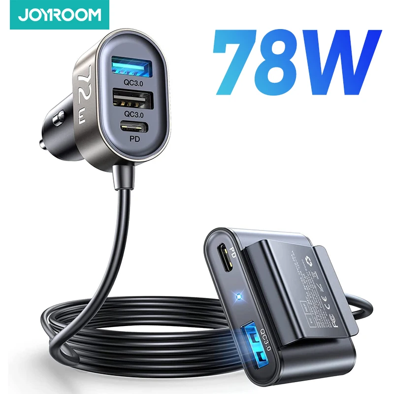 Joyroom 78W 5-in-1 Fast Car Charger USB Cigarette Car Lighter PD 3.0 QC 4.0 3.0 Type C Multi Car Charger Adapter with 1.5m Cable