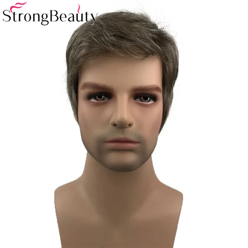 

StrongBeauty Короткие прямые синтетические мужские парики Натуральный черный/серый парик без шапочки-основы Термостойкие волосы