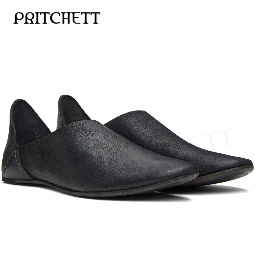 

Retro Black Old-Fashioned Loafers Pointed Toe Flat Slip-On Hand-Stitched Leather Casual Shoes Comfortable and Soft Men's Shoes