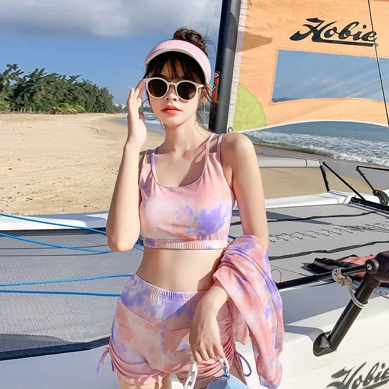 Korean Sports Three-Piece Multi-Color Printing Double Sling Low-Cut High-Waist Body Suit Shorts Side Drawstring Sweet Swimsuit