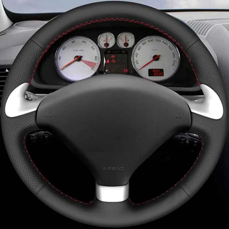 Soft Black Genuine Leather Car Steering Wheel Covers For Peugeot 307 CC 2004-2009 307 SW 2004-2009 407 407 SW 2004-2009