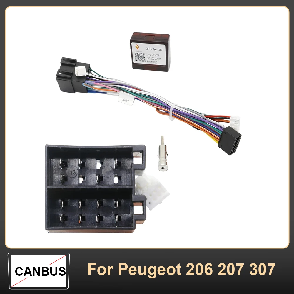 16Pin Car Radio Wiring Harness with CANBUS Decoder for Peugeot 206 207 307 Android 2Din Stereo GPS Adapter RP5-PA-104