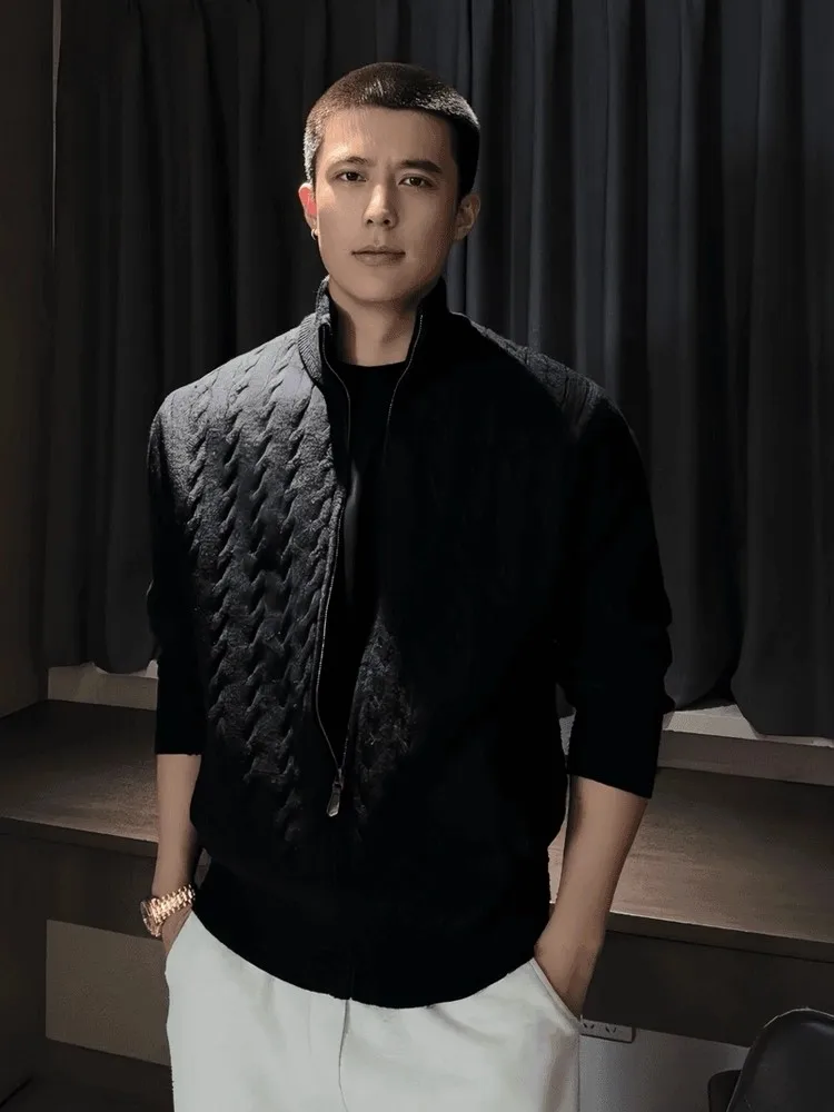 

Мужской вязаный свитер в американском стиле, повседневный кардиган с воротником-стойкой, плотный, теплый, осенний, модный, мягкий и удобный