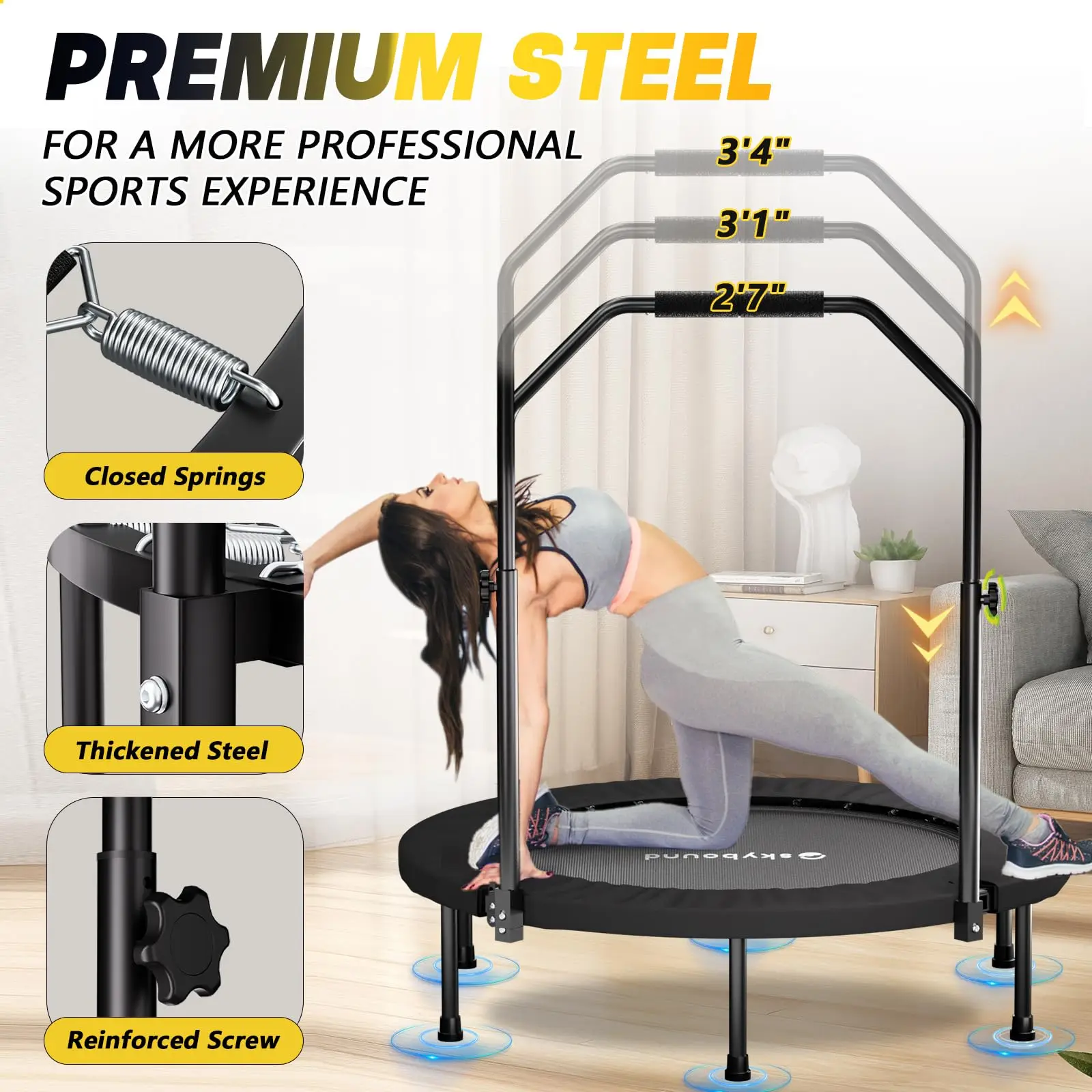 ترامبولين ريباوندر للبالغين - ترامبولين صغير قابل للطي مقاس 40 بوصة مع مقبض على شكل حرف U قابل للتعديل، أقصى حمولة 350 رطل، S