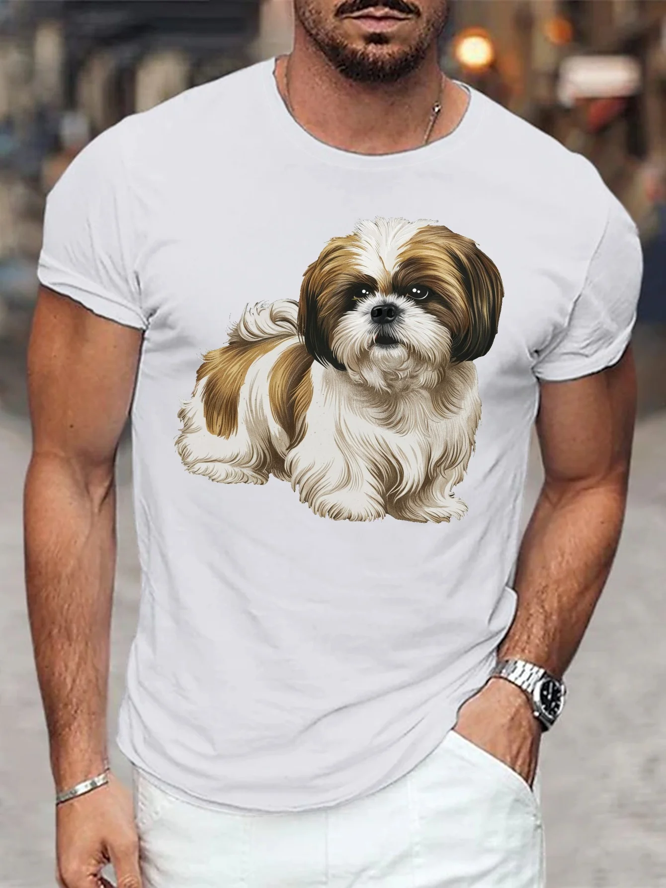 

[Summer Essential] Men's Vintage Shih Tzu Graphic T-Shirt - Casual Short Sleeve Summer Tee, White Polyester Blend, Round Neck