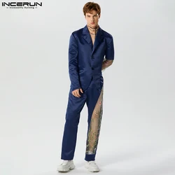 2023 Men Sets Embroidery Mesh Patchwork Streetwear Lapel Long Sleeve Blazer & Pants 2PCS Fashion Men Casual Suits S-5XL INCERUN