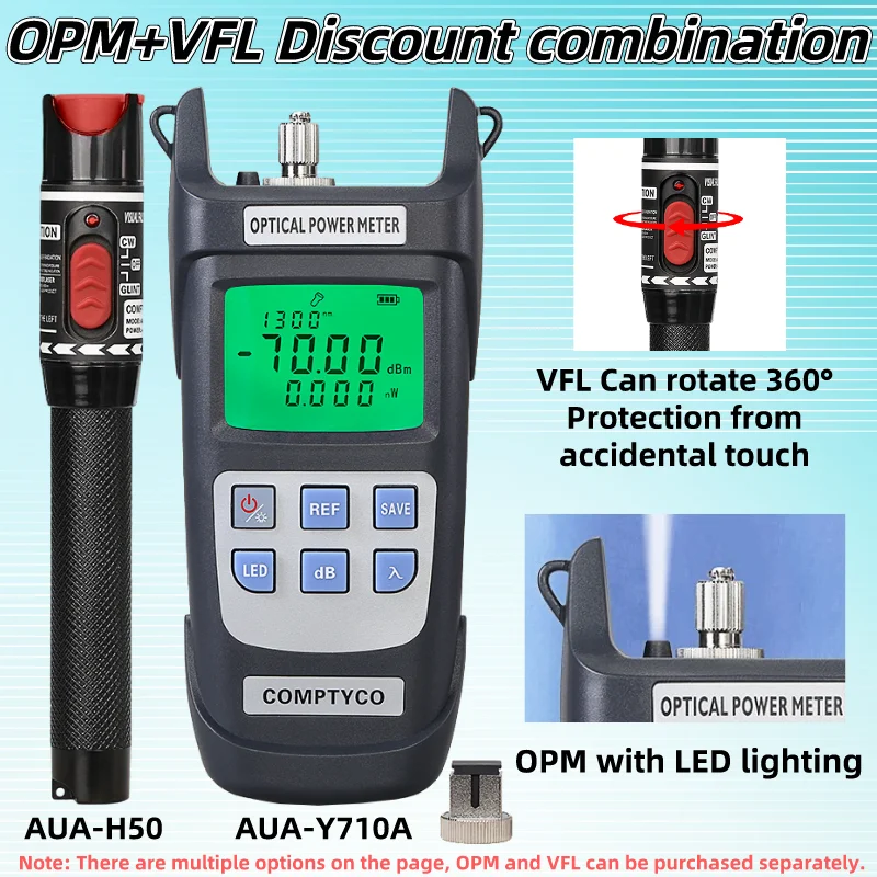 

AUA-Y710A оптический измеритель мощности и Визуальный дефектоскоп FTTH Fiber Tester Tool Kit (опционально) OPM(-70 ~ + 10 дБм) и VFL(50/1/10/20/30mW)