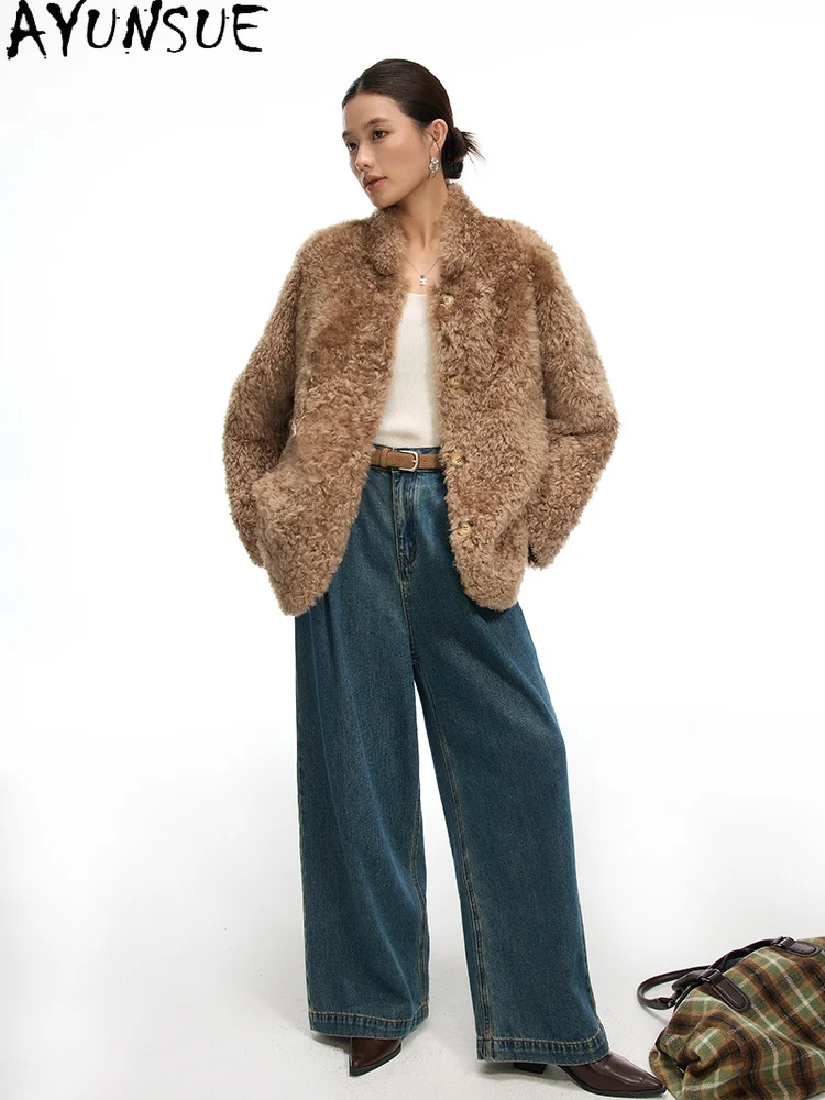 معطف فرو من جلد الغنم الطبيعي من AYUNSUE جاكيت نسائي من الجلد الطبيعي ملابس شتوية دافئة من الفرو الحقيقي للسيدات 2025 متوسط الطول شوبانا Жénska #3