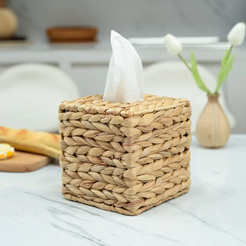 Spot Square Seaweed Tissue Box Korean Vintage Desktop Tissue Organizer Box Woven Tissue Box Decorative Wicker Water Hyacinth Tis