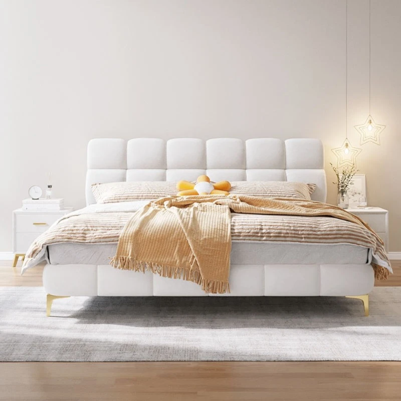 Cream Fabric Cloud Bed Modern Minimalist Designer Upholstered Double Bed Storage Bedroom Furniture Set for Master Bedroom