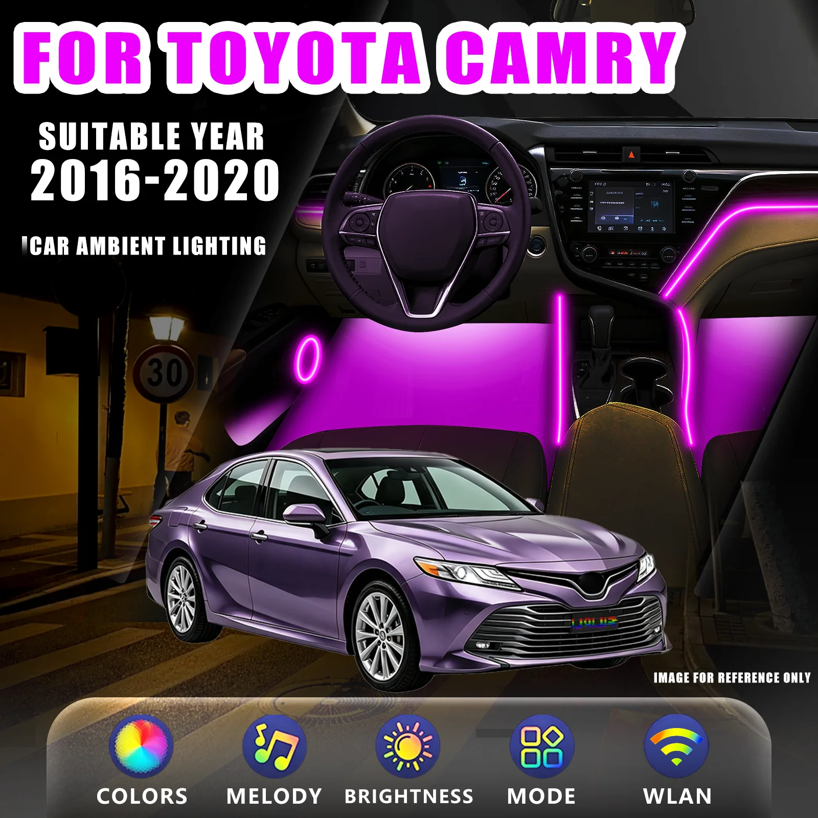FOR TOYOTA Camry 2016-2020 YEAR RGB 6 Lights car ambient light kit independent zone control dual area coverage brightness memory function non destructive installation car footwell dash light kit