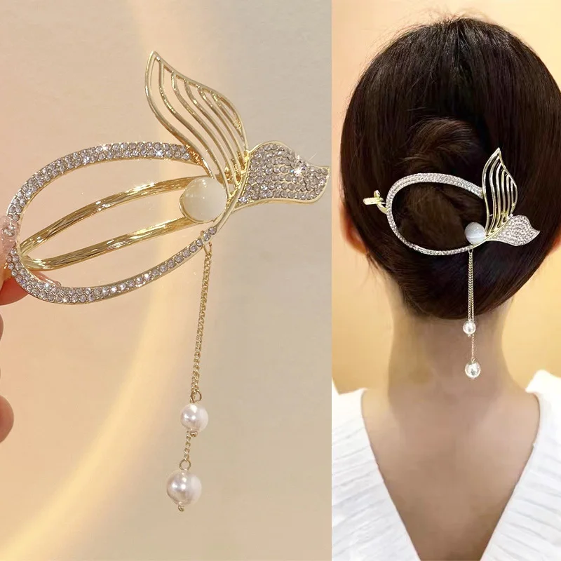 New Fashion Crystal Fish Tail Barrettes for Women Imitation Pearl Pendants Temperamental Tassel Fairy Hair Clips Female Hairwear