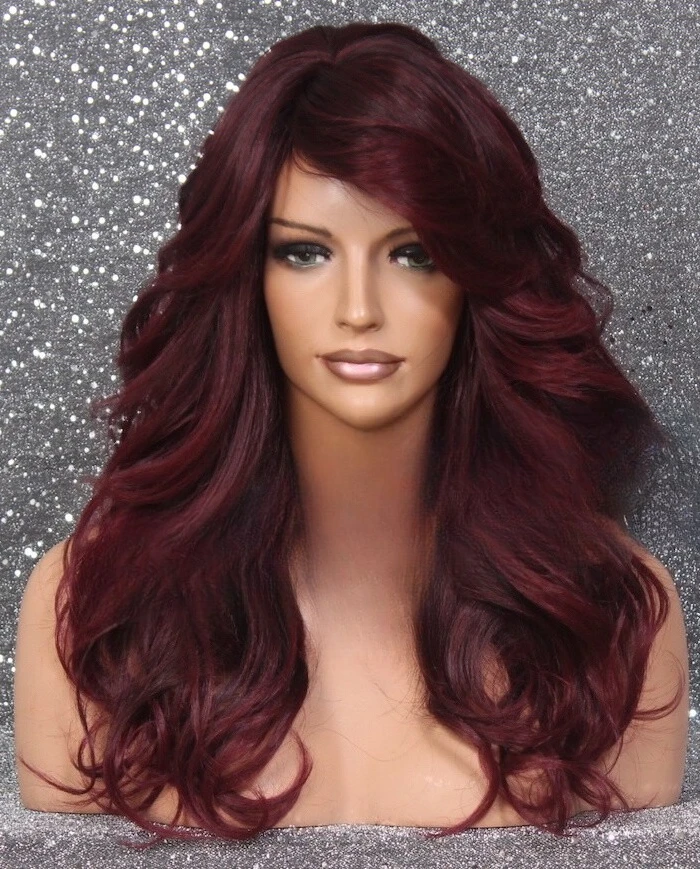 

hair blend Full Wig Burgundy mixed Wavy Bangs Heat OK 1B-Burg WEPX