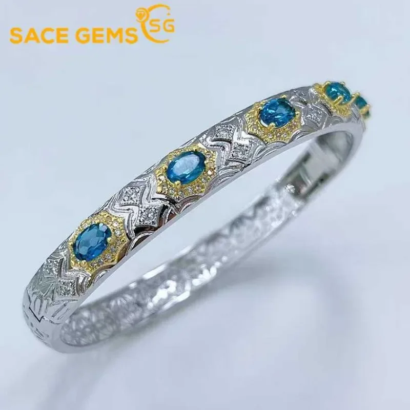 

SACE GEMS Certified 4*6mm Natural London Blue Topaz Bracelets 925 Sterling Silver 19cm for Women Engagement Party Fine Jewelry