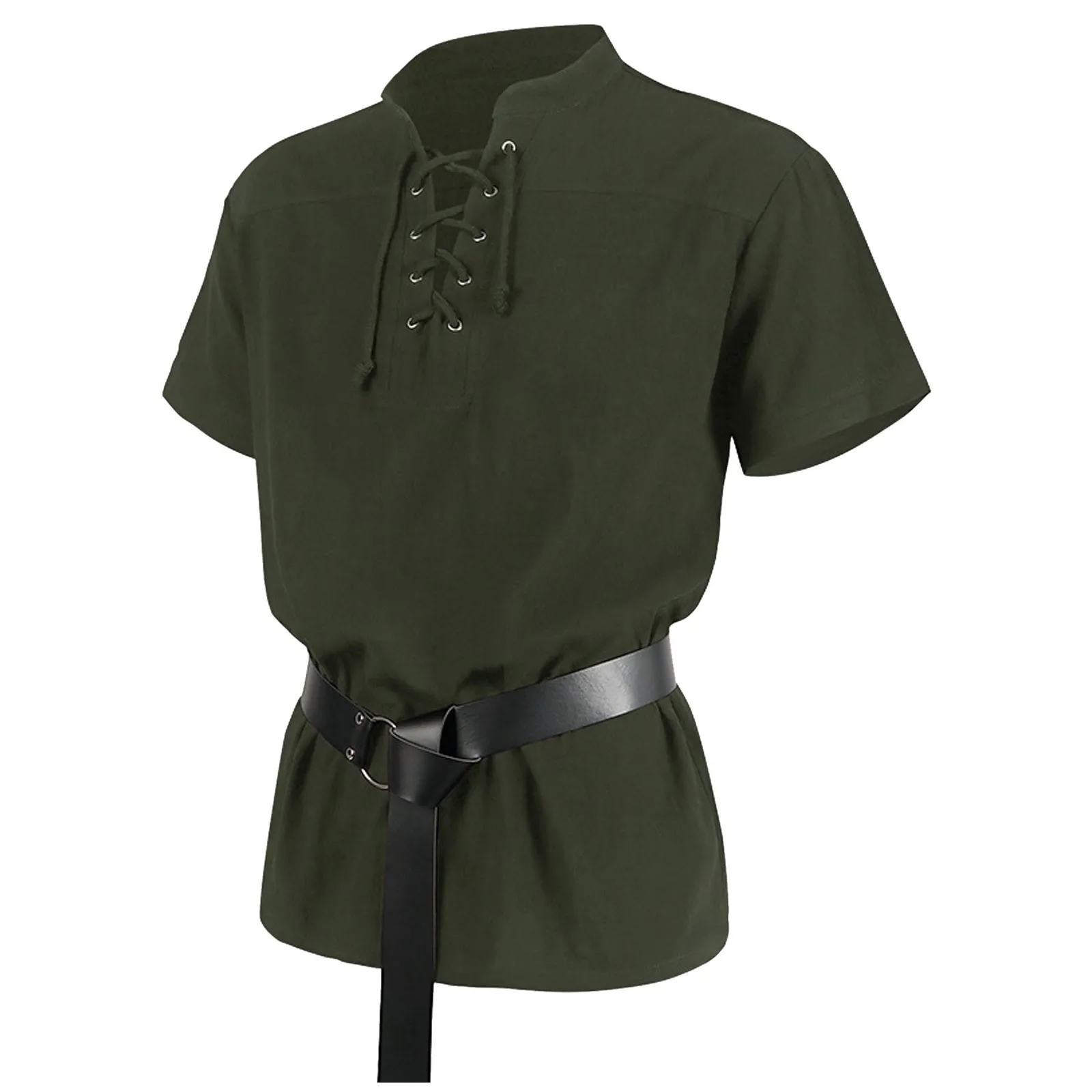 Medieval Shirts Men Tunic Viking Pirate Costume Gothic Vintage Top Short Sleeve Lace-Up V-Neckline Drawstring Knight Cosplay Top