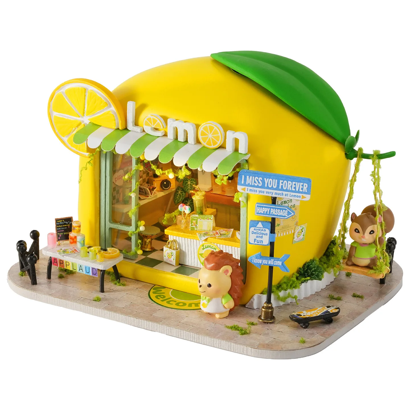 DIY ミニチュアフルーツタウンシーンキット - リトルラビットアップルハウス、ベアベリーショップ＆ハリネズミレモンドリンクショップドールハウスモデル