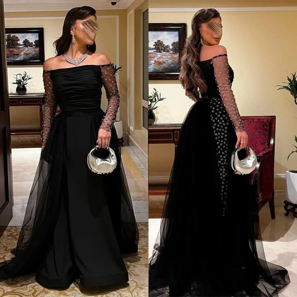 Customized Delicate Black Jersey Evening Dress Exquisite Strapless Off the Shoulder Long Sleeves Zipper Back Homecoming Dress