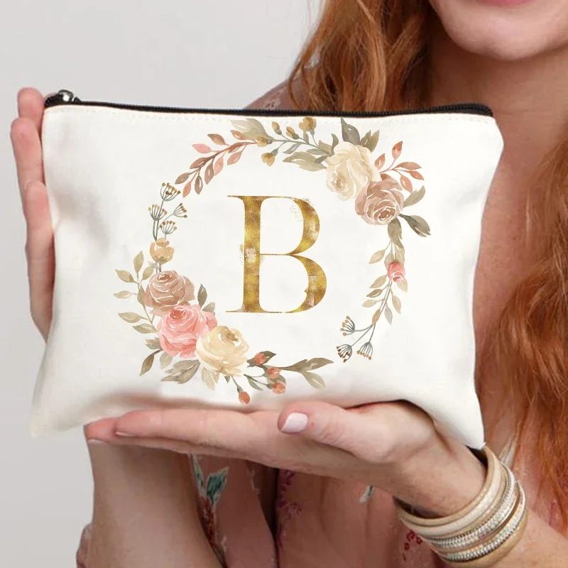 Floral Hoop Initial Zipper Makeup Pouch Travel Essentials Wedding Makeup Storage Organizer Bachelorette Party Gift Bag for Girls