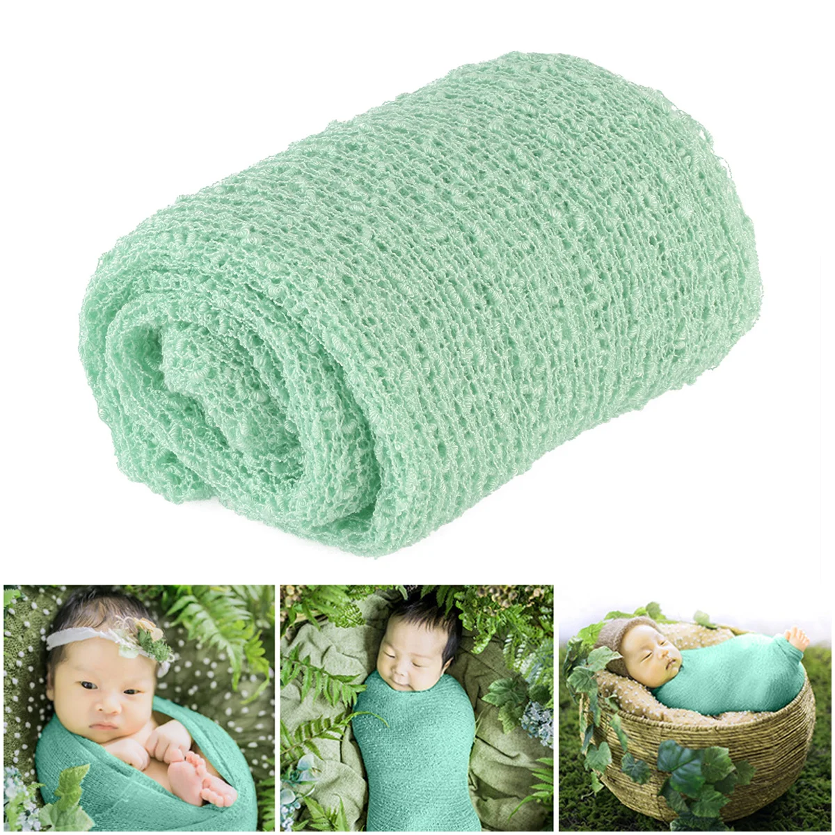 Perlengkapan Foto Fotografi Bayi Baru Lahir, Pembungkus Bayi Hijau Mint, Pembungkus Panjang Bergelombang, Pembungkus Bayi Serbaguna yang Dapat Diulur, Pembungkus Bayi Baru Lahir