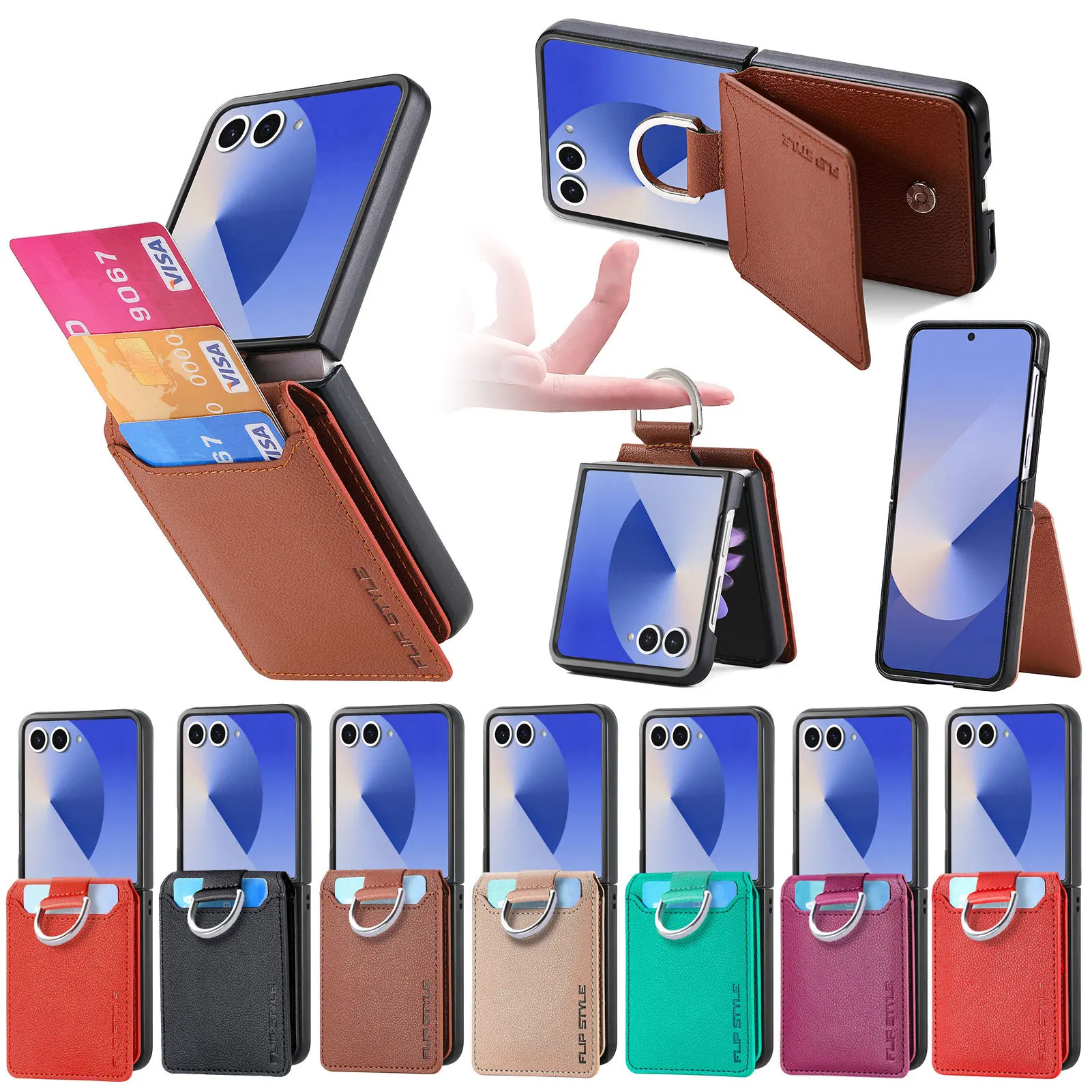 Capa carteira com anel padrão de lichia com slot para cartão para Samsung Z Flip 7 FE Flip 6 5 4 3 1 2 Moto Razr OPPO N2 N3 Huawei P50 Pocket
