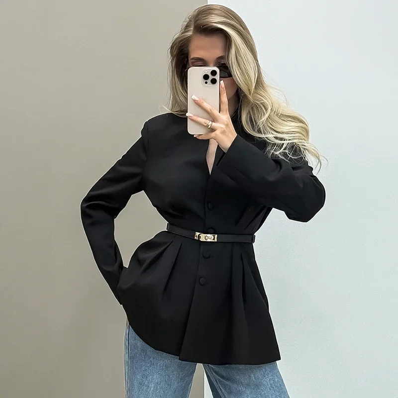 Fashion Waist-closing Blazer Coat Women's V-Neck Long Sleeves Splicing Elegance Coat Slim Autumn Winter Commuting Coat