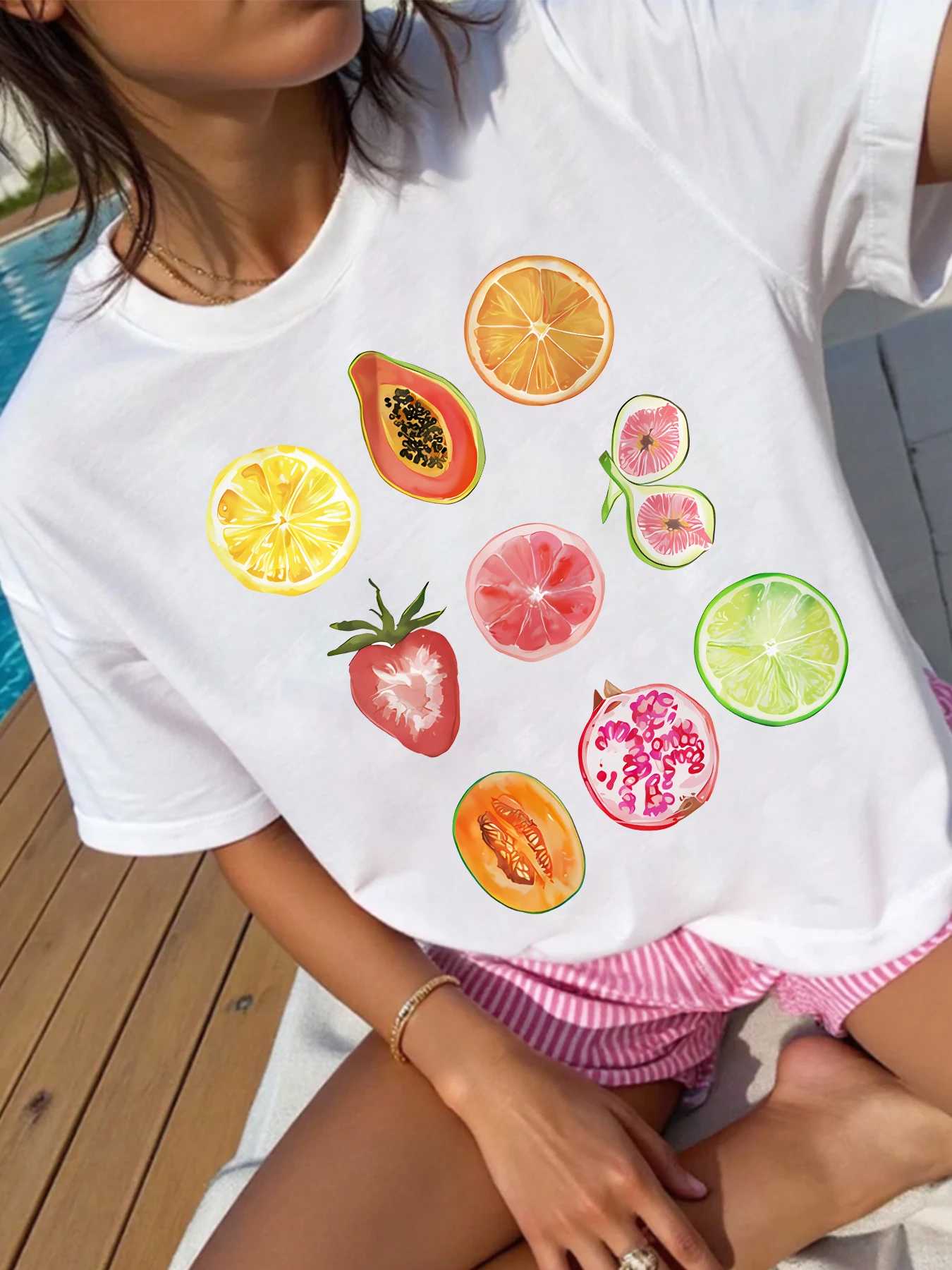 

【1909】Strawberry papaya Round neck women's T-shirt short sleeves fashion printed half-sleeve top elastic T-shirt