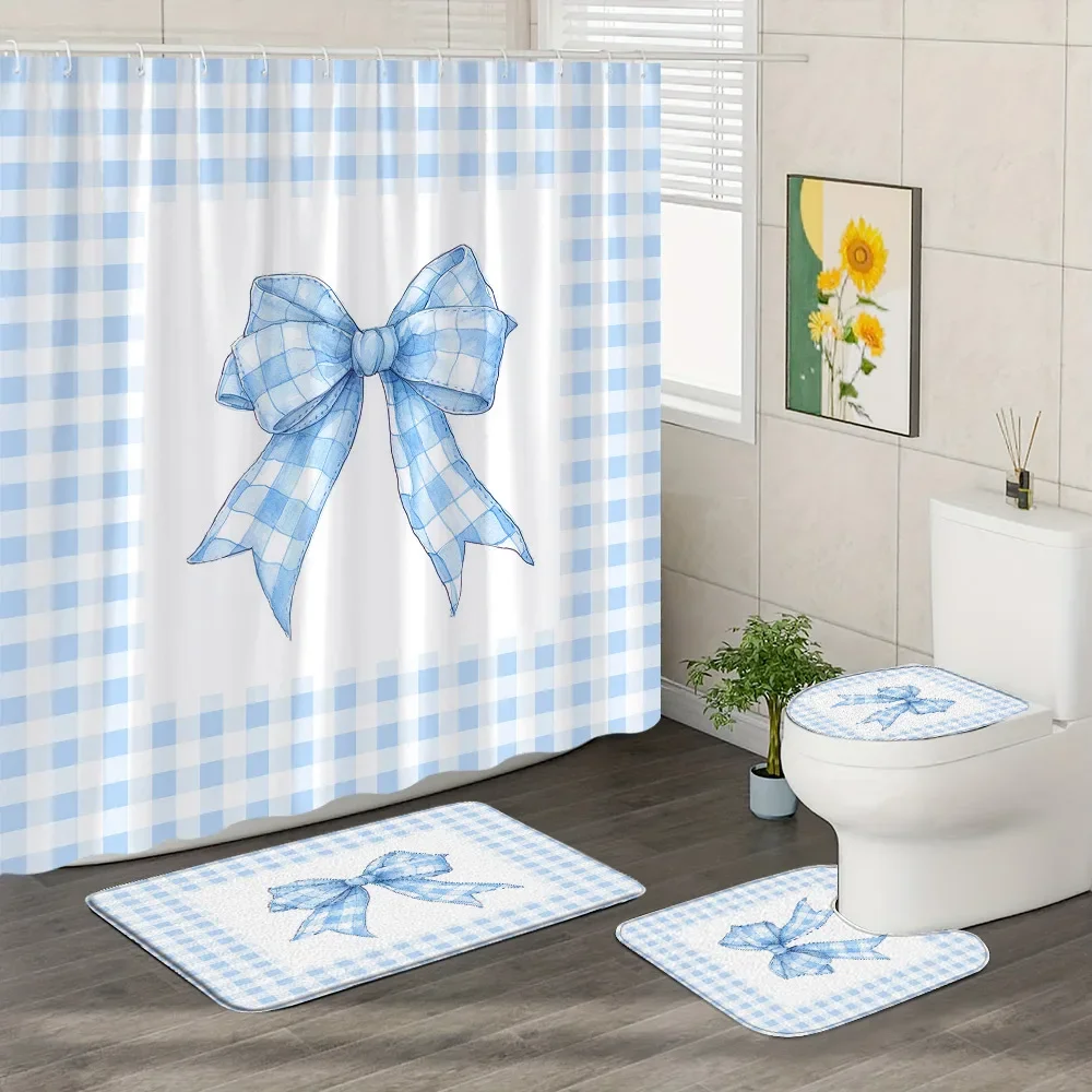 Cute Blue Bow Shower Curtain Rug Set Fashion Stripe Plaid Girls Holiday Gift Shower Curtain Shower Mat Bathroom Decor with Hooks