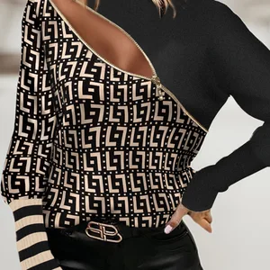 Sexy weibliche Reißverschluss -Top, Hochkragen, elegantes Oberteil, Langarm, Druck, Bürobluse, Mode 2023 12 Hauptverkaufsbluse Reißverschluss - №10